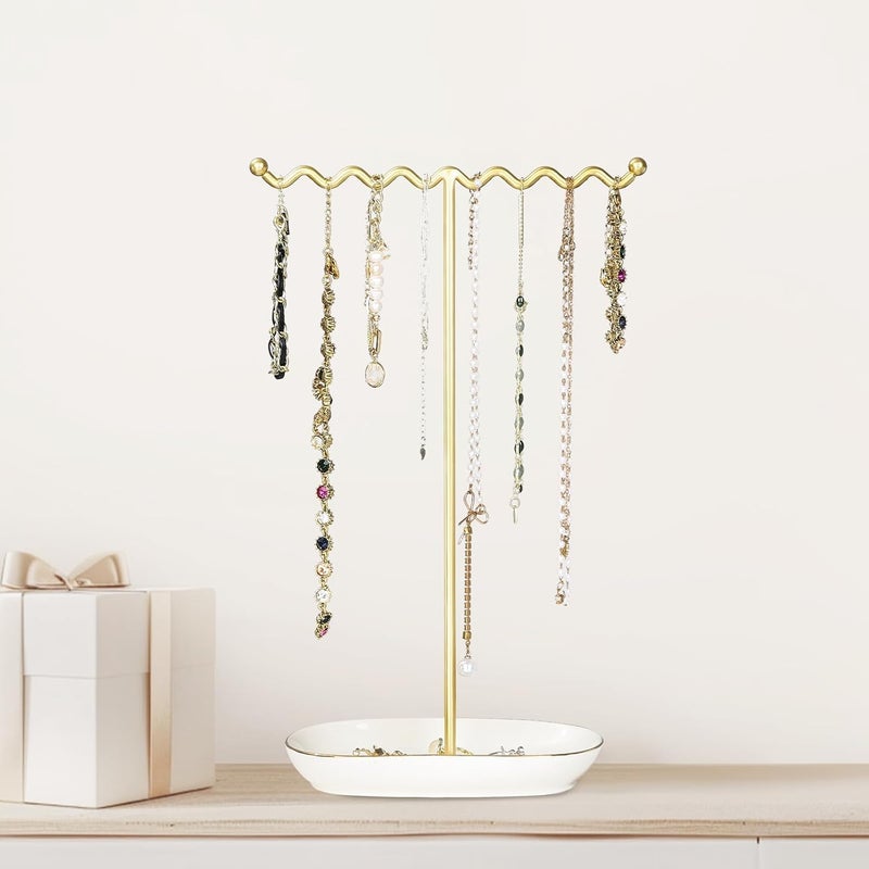 Saydear Elegant Jewelry Holder Tree Stand with Ceramic Tray - Metal Necklace Holder Organizer for Rings Bracelets Earrings - Tangle Free, Rustproof Decorative Display for Vanity Dresser Deluxe White - Image 2
